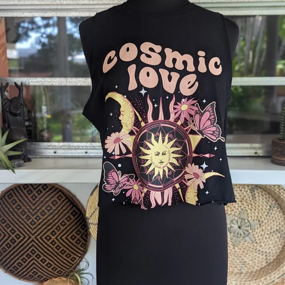 Cosmic Love M Graphic Boxy Crop Custom Cut Cropped Tank Top Hippie Celestial - Picture 2 of 10
